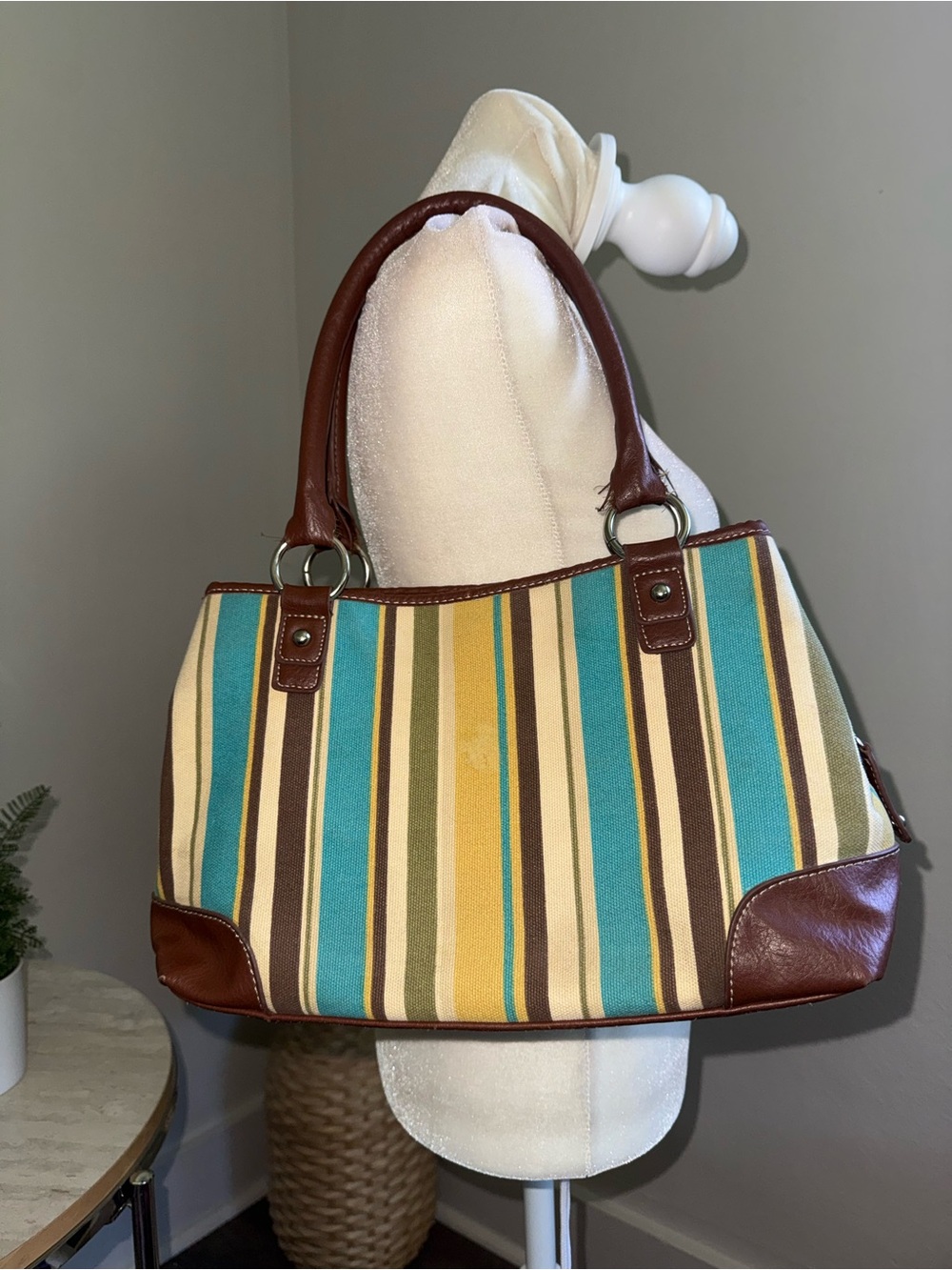 Medina Striped Canvas Shoulder Bag with Brown Trim - Multicolor